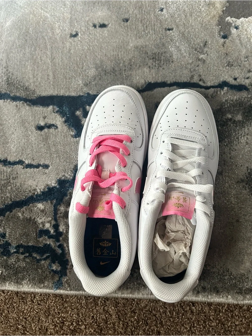 Nike Kids White Leather Sneakers with Pink Gradient Swoosh and Heel